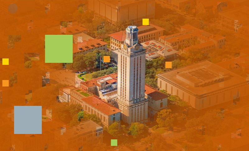 Aerial view of The University of Texas at Austin campus with a burnt orange illustrated gradient overlaid on the image.