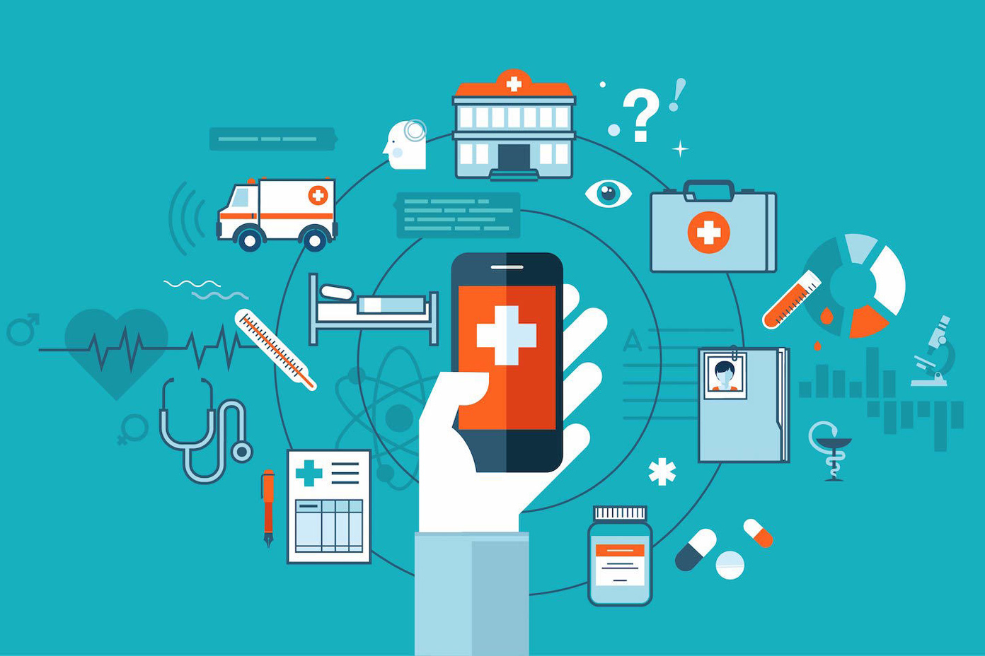Illustration of a hand holding a phone with health-related icons floating around it.