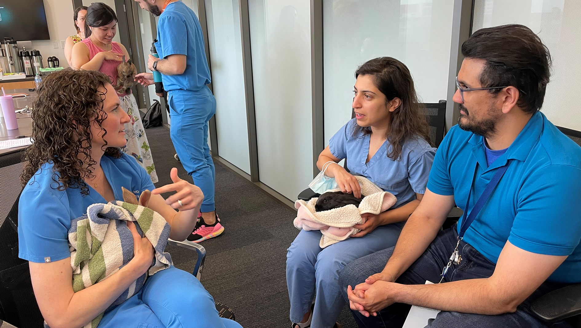 Neurology residents gather with animals during grand rounds.