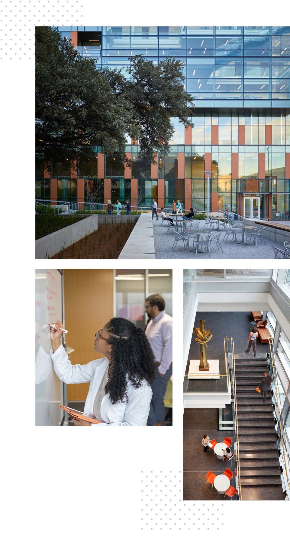 A collage of three images: In one, an external view of the Health Learning Building with individuals walking around the entrance. In another, a medical student writes on a whiteboard during class. In another, a bird's-eye view of a staircase inside the Health Learning Building.