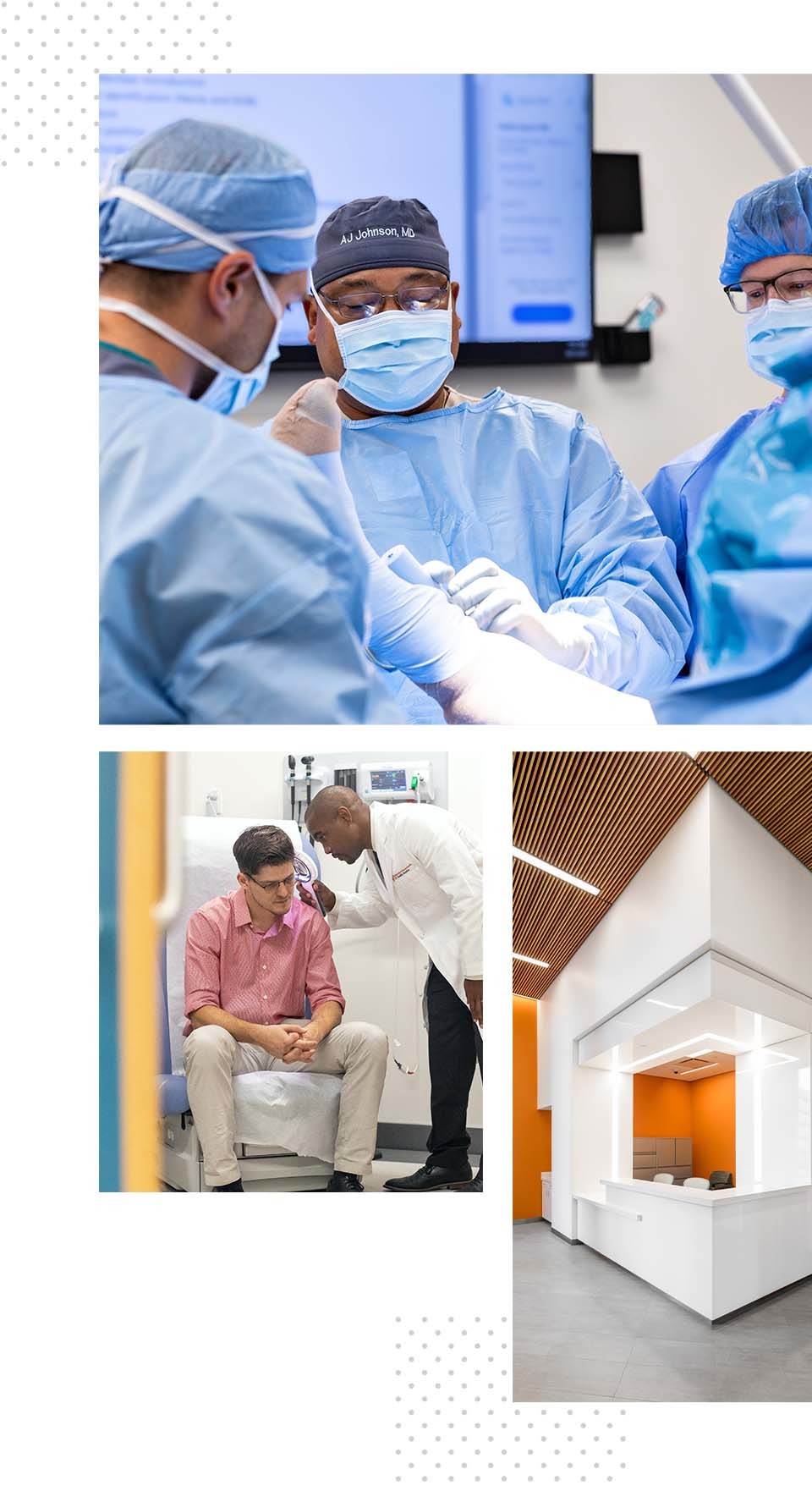 Three images collaged together. In one, surgeons perform a procedure in an operating room. In another, a dermatologist screens a patient. In the third, a reception desk inside the Health Transformation Building.