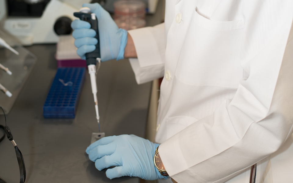 A graduate student performing research in a lab.