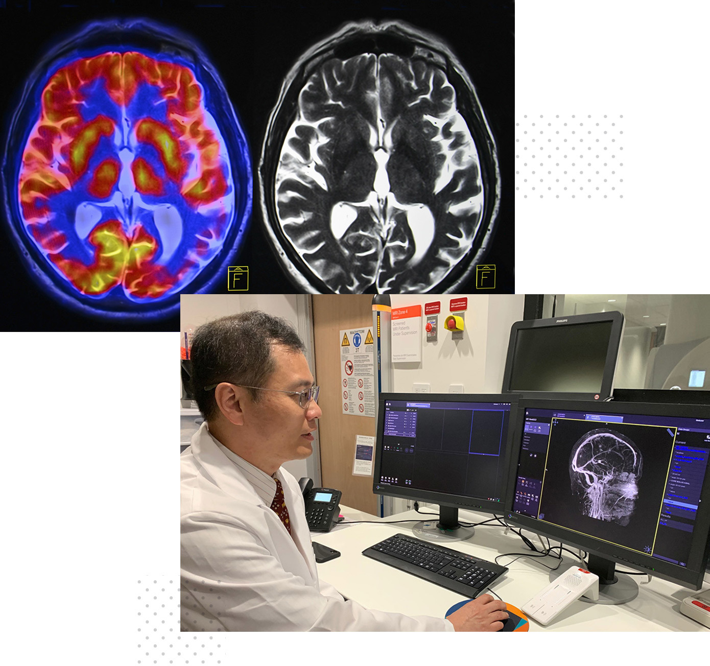 John Kuo looking at a brain scan on a computer in a lab.