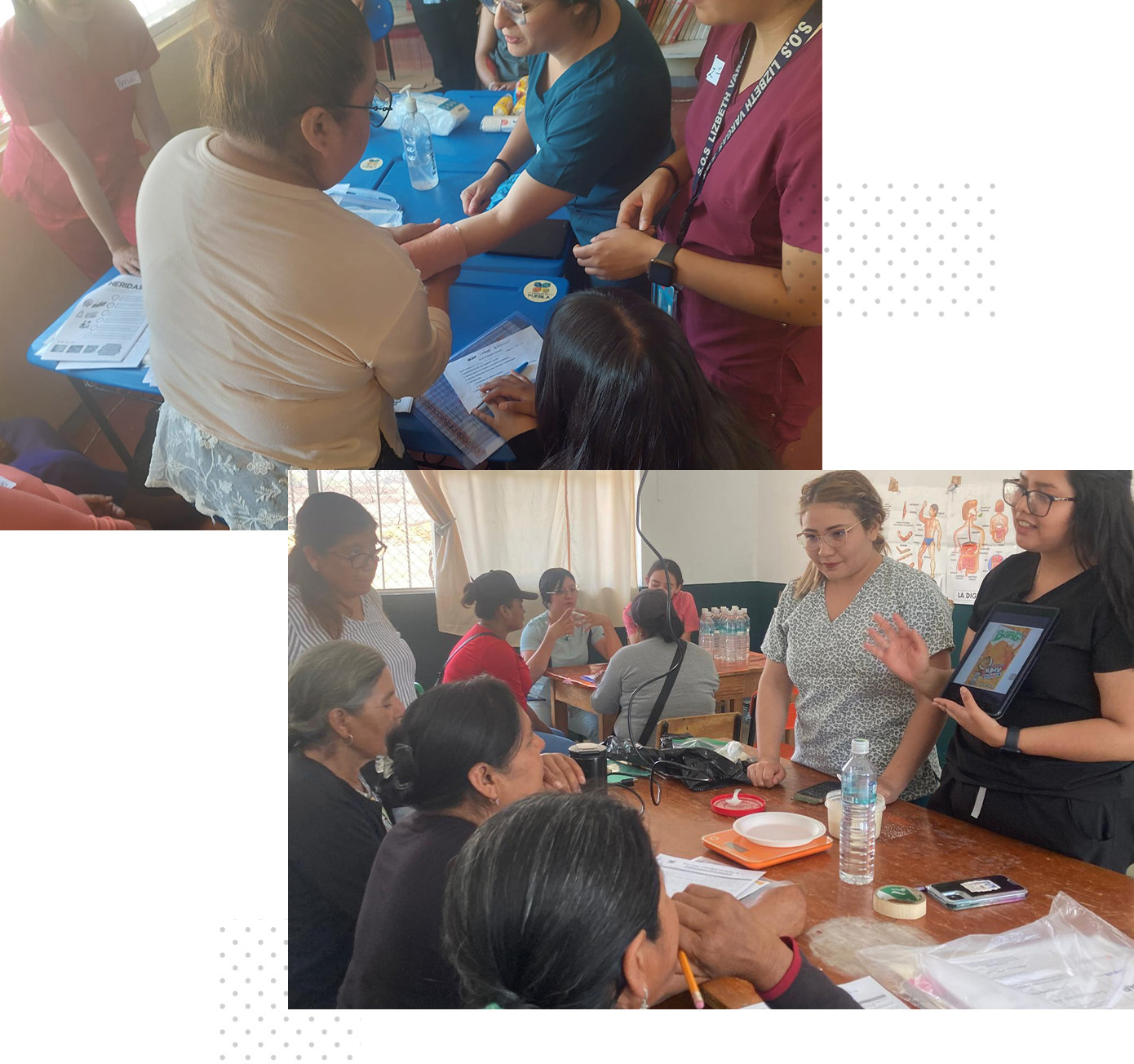 Collage of two images, both featuring community health promoters facilitating first-aid activities and discussions.