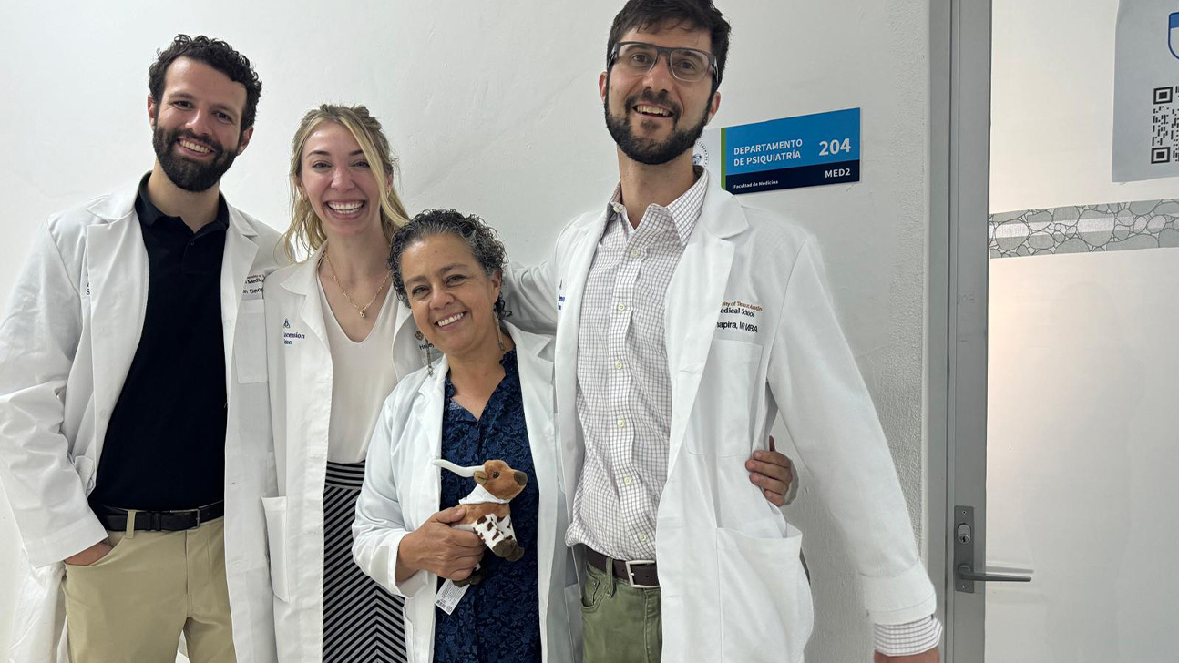 Three Dell Med psychiatry residents stand for a picture with a local doctor in Puebla, Mexico, during their time in a Spanish language immersion elective.