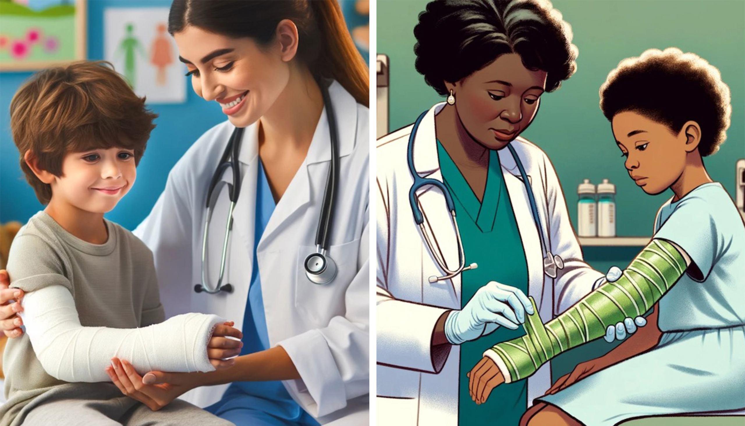 Before and after digital renderings of a physician placing a cast on a pediatric patient.