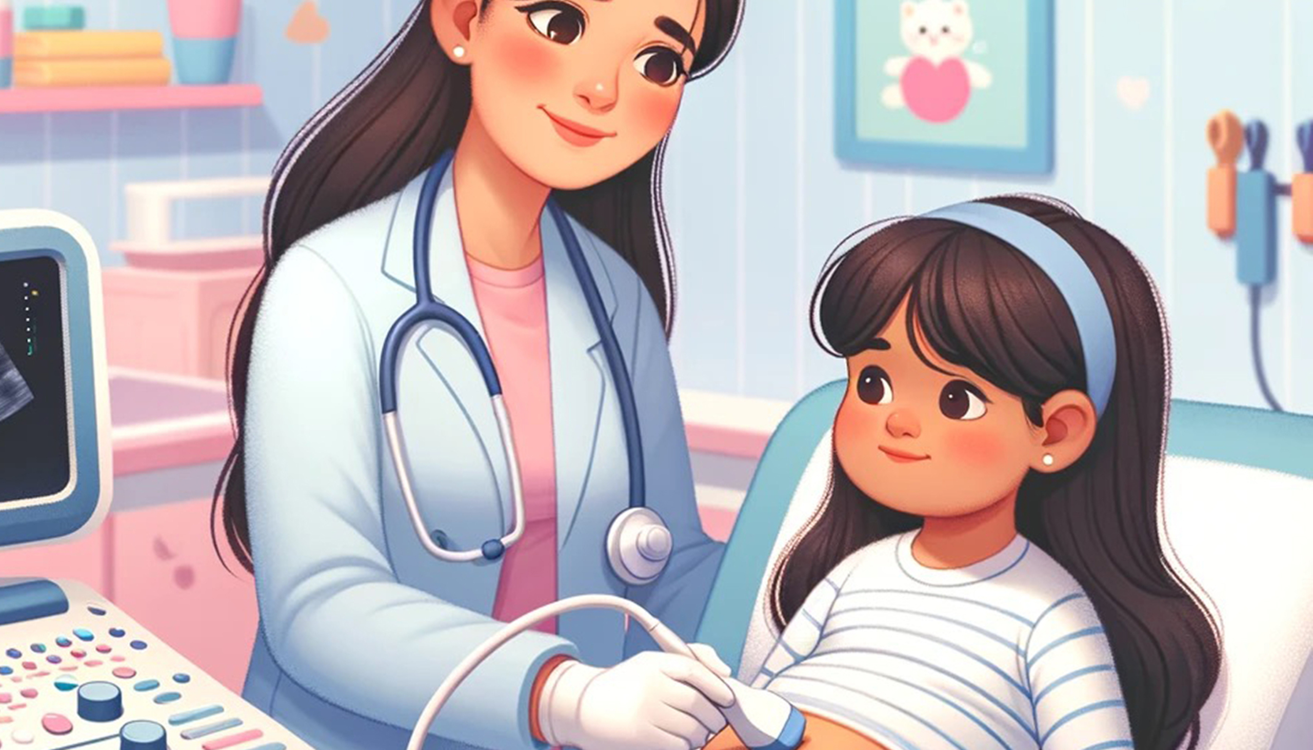 A digital rendering of a physician performs an abdominal ultrasound on a pediatric patient.