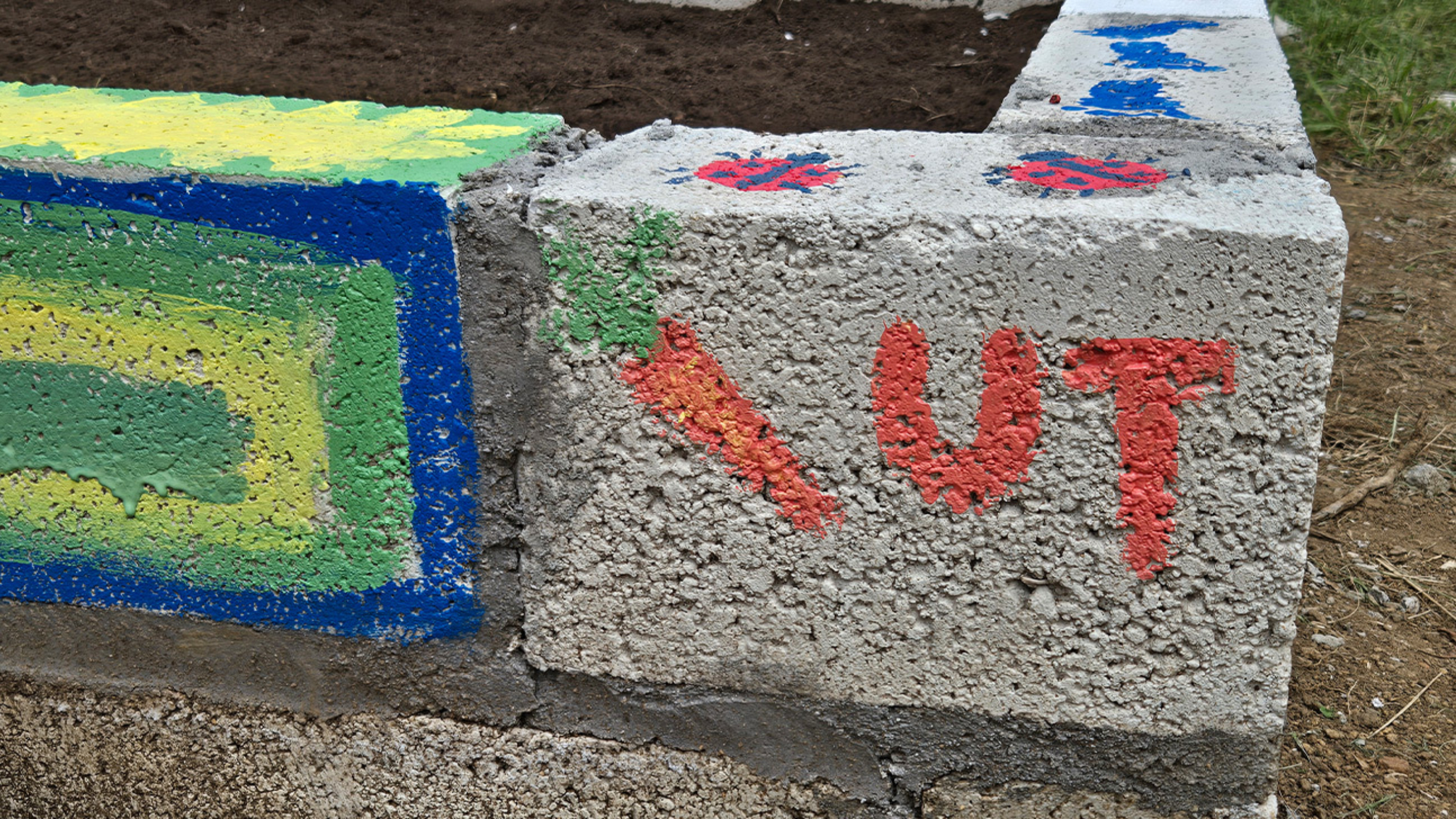 The letters "UT" (meaning The University of Texas at Austin) painted on the stone border of a garden.